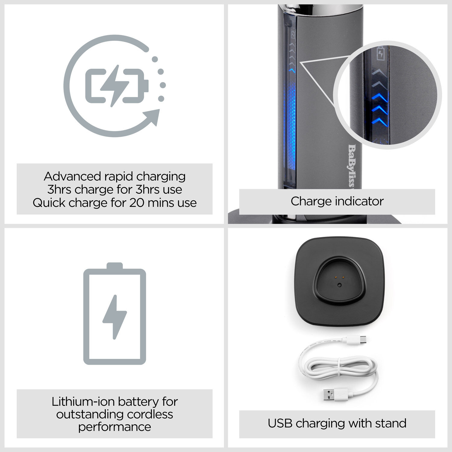 Advanced rapid charging - 3hrs charge for 3hrs use.  Quick charge for 20 mins use.  Charge indicator.  Lithium-ion battery for outstanding cordless performance.  USB charging with stand